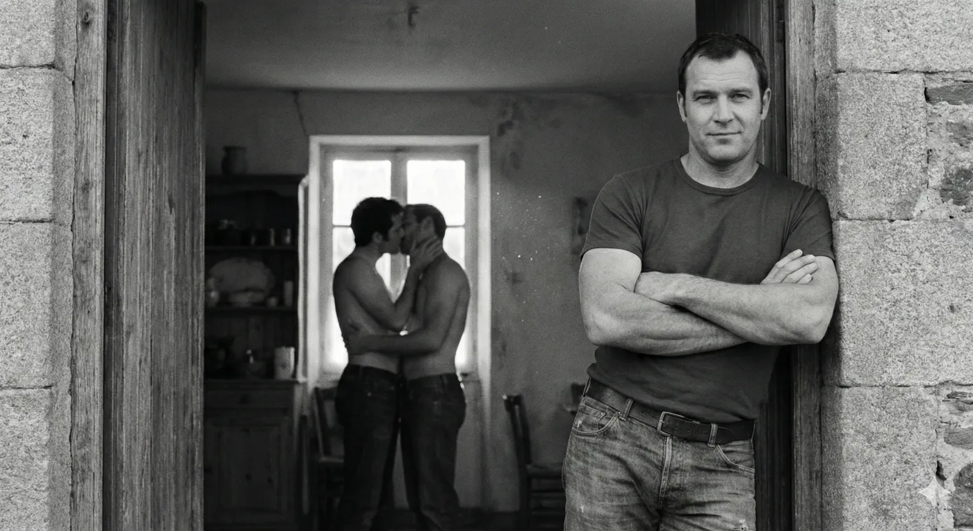 A man leaning in a doorway, arms crossed, while a couple kisses in the room behind him