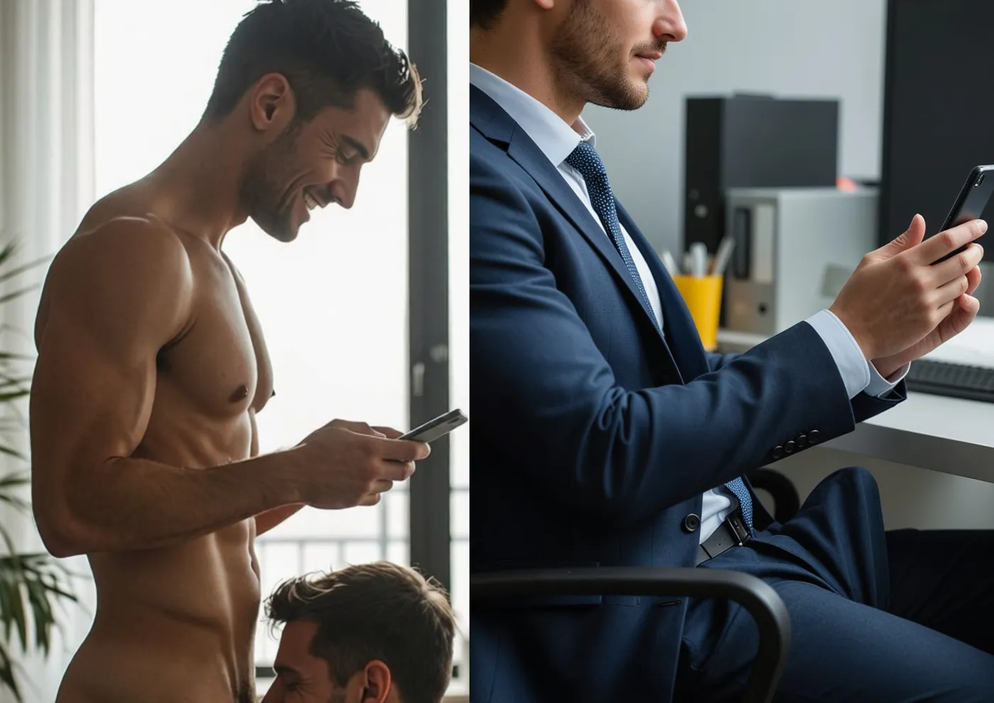 Left: a man checks his phone at home. Right: a man in a suit sends a status from the office