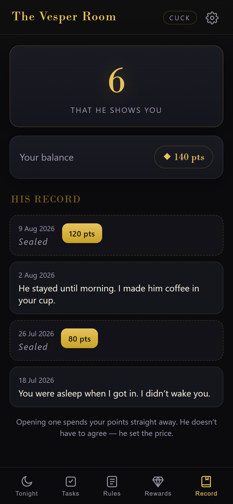 The Vesper Room record screen: a counter reading 'that he shows you', two readable entries and two sealed ones with a price in points