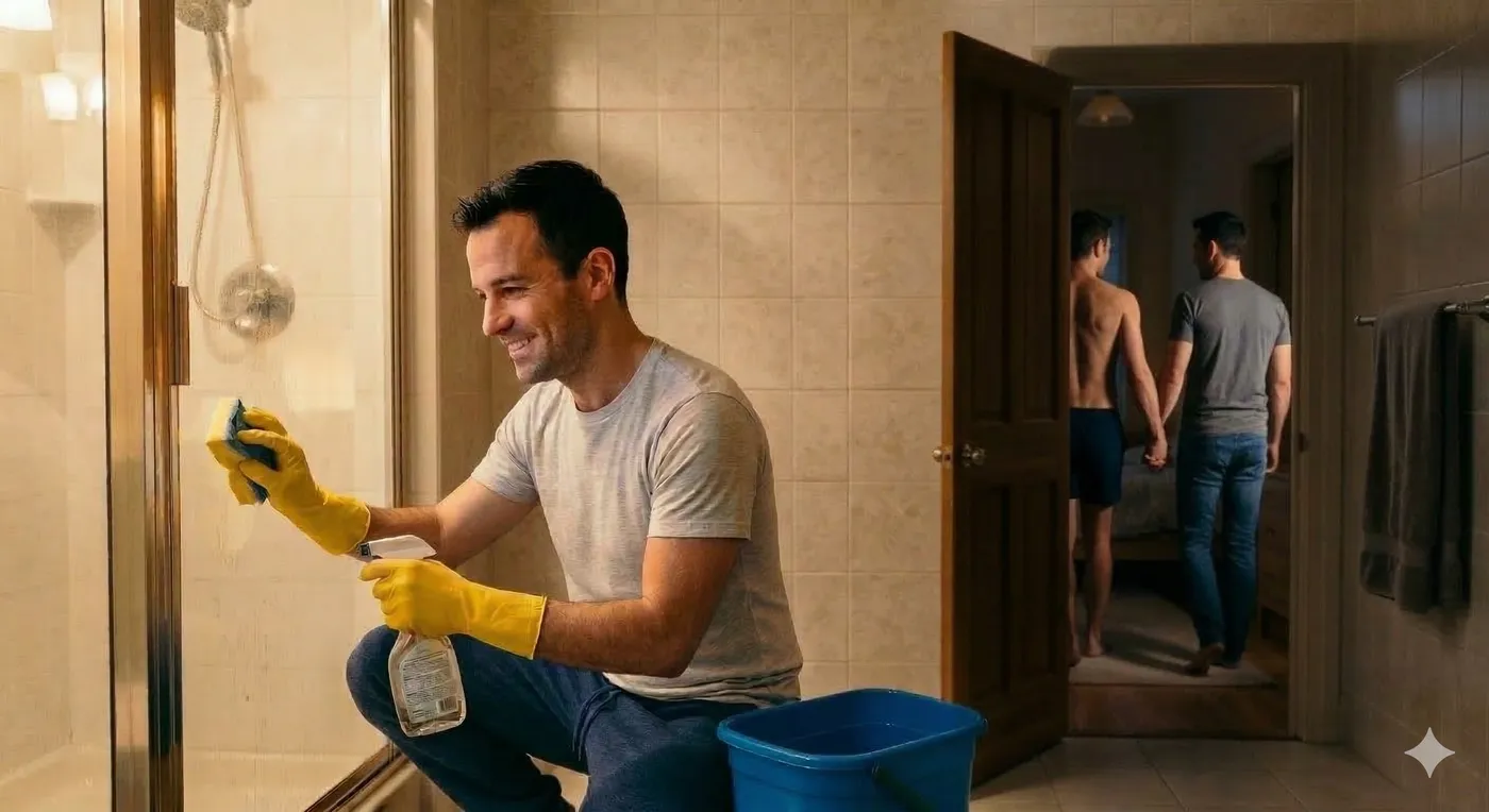 A man happily cleaning the bathroom while his husband leads their guest to the bedroom